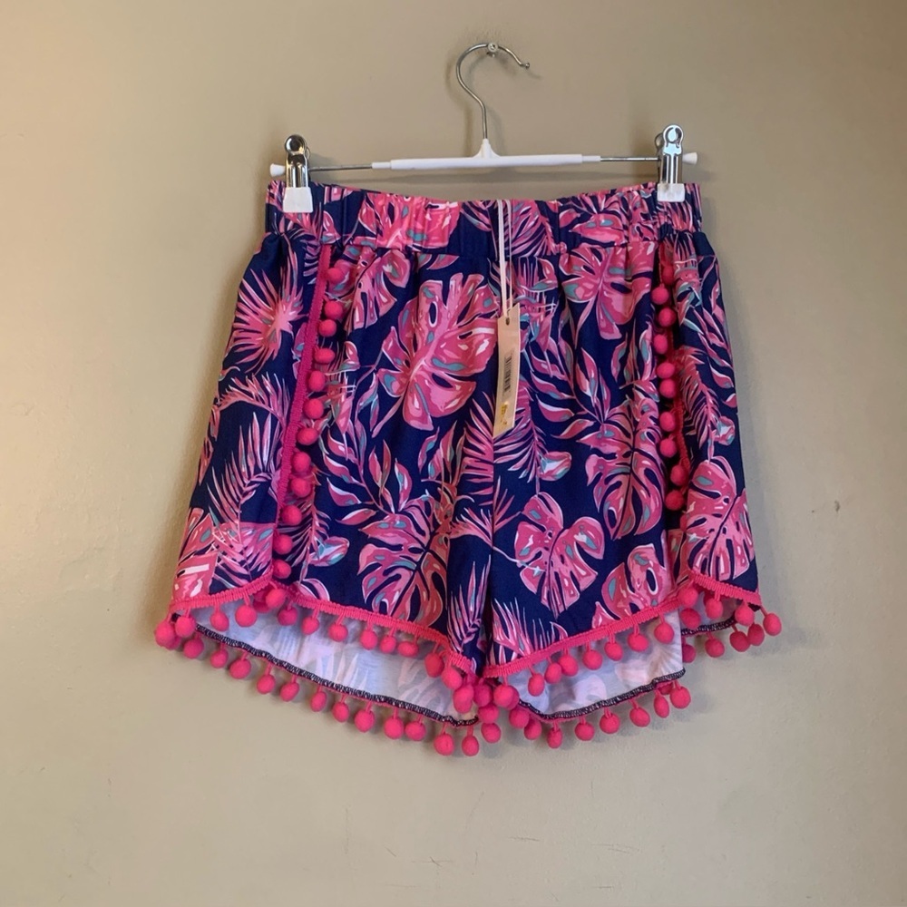 Simply Southern  Paradise Pom Pom Shorts S/m NWT Navy Blue Pink Resort Vacation